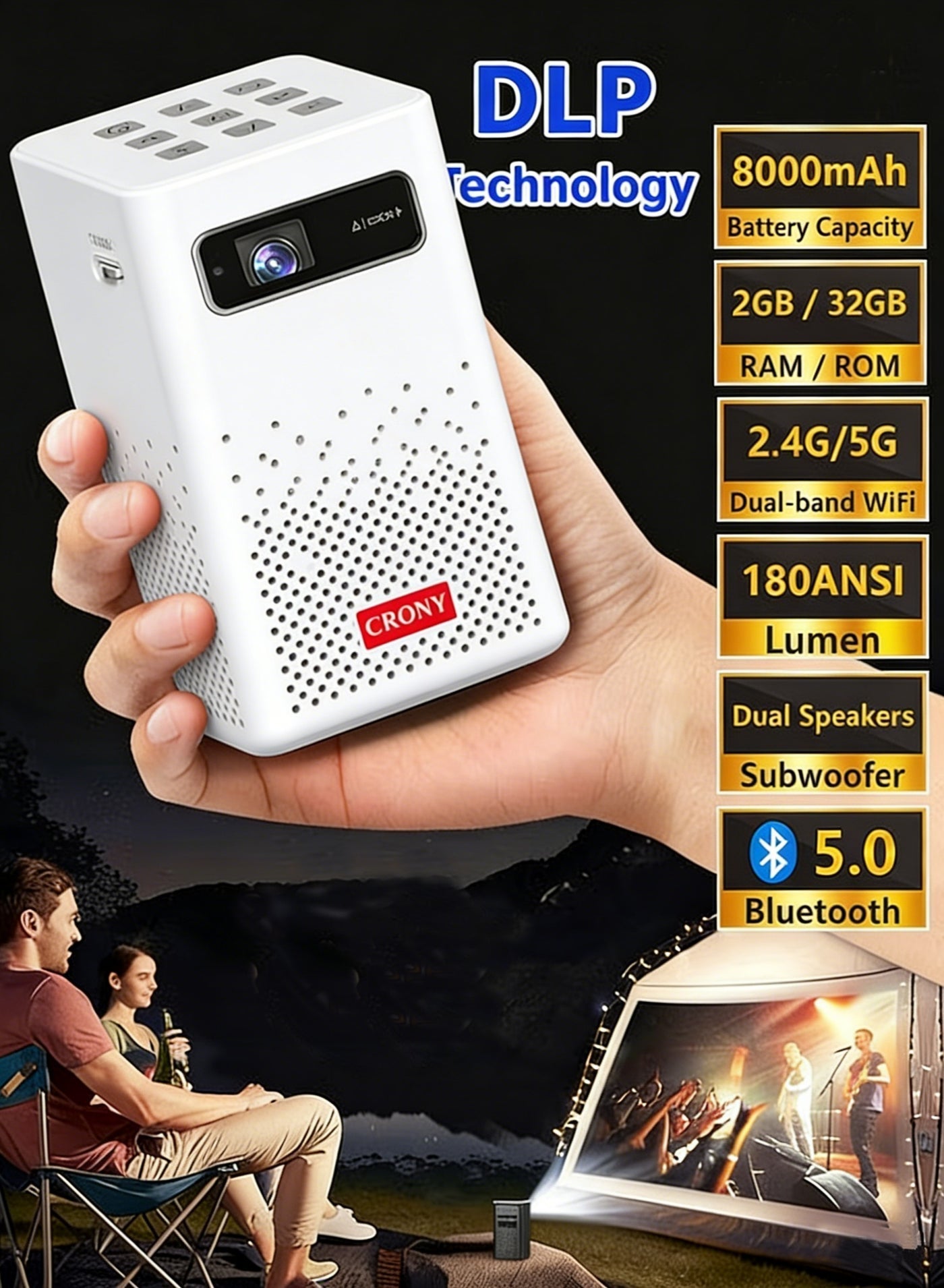 CRONY C900 DLP Wireless Portable Projector - Built-in 8000mAh Battery - Support 120 Inches - HD Projection - Support 4K - Mini Home Theater - Portable Mobile Cinema - Compatible with HDMI/TV BOX/PS5/Laptop/Game Console